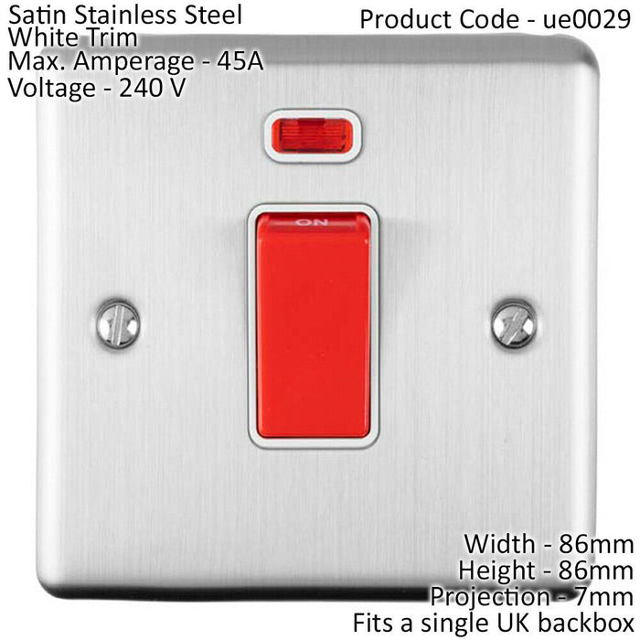 45A DP Oven Switch & Neon Light SATIN STEEL & White Trim Appliance Red Rocker Loops