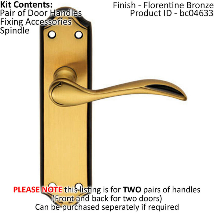 2x PAIR Curved Door Handle Lever on Latch Backplate 180 x 45mm Florentine Bronze Loops