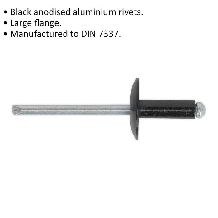 200 PACK - 4mm x 10mm Large Flange Rivets - Black Aluminium Compression Pins Loops