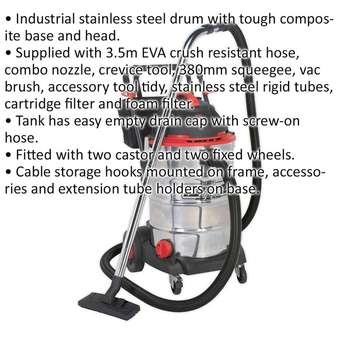 1600W Industrial Wet & Dry Vacuum Cleaner - 60L Stainless Steel Drum - 230V Loops