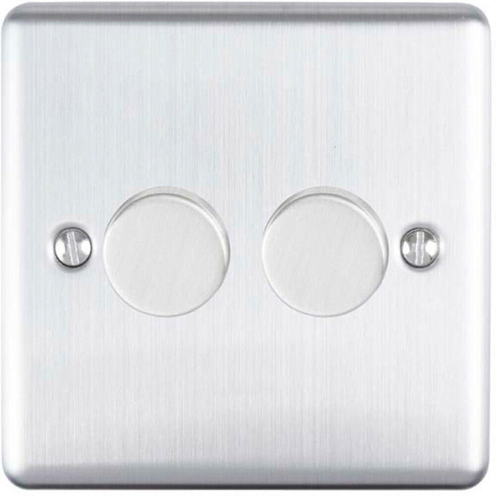 2 Gang 400W 2 Way Rotary Dimmer Switch SATIN STEEL Light Dimming Wall Plate Loops