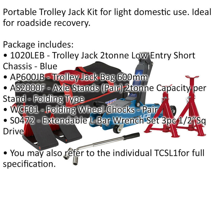 Short Chassis Trolley Jack Kit - Axle Stands & Wheel Chocks - Wrench Set - Blue Loops