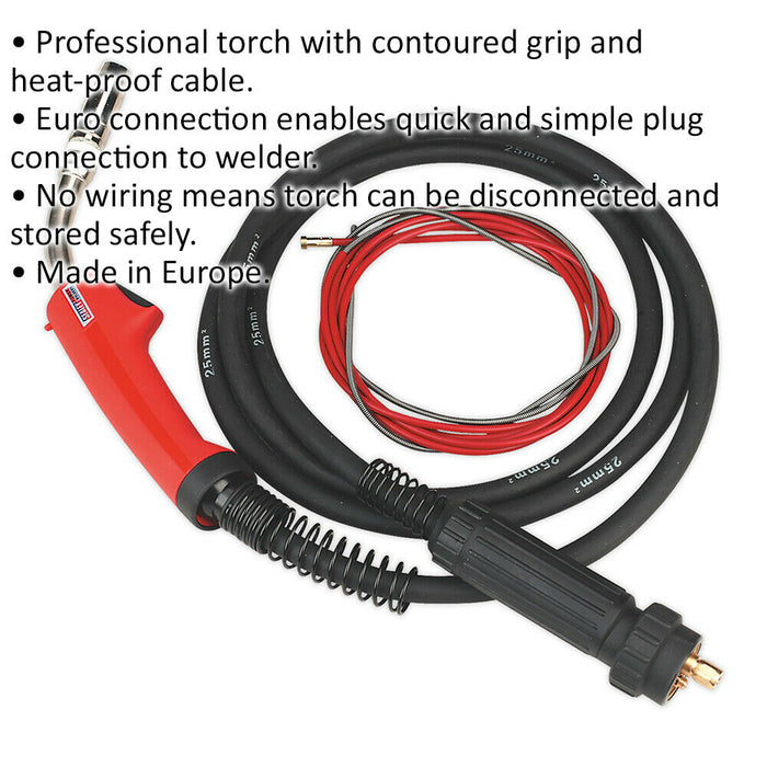 TB25 MIG Torch with Euro Connector - 3m Heat Proof Cable - Contoured Grip Loops