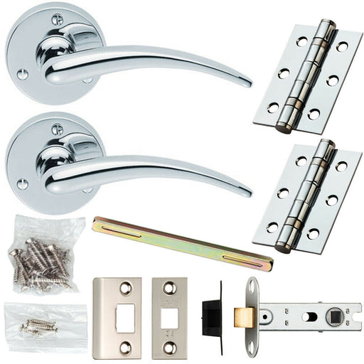 Door Handle & Latch Pack Chrome Slim Tapered Curved Lever 58mm Round Rose Loops