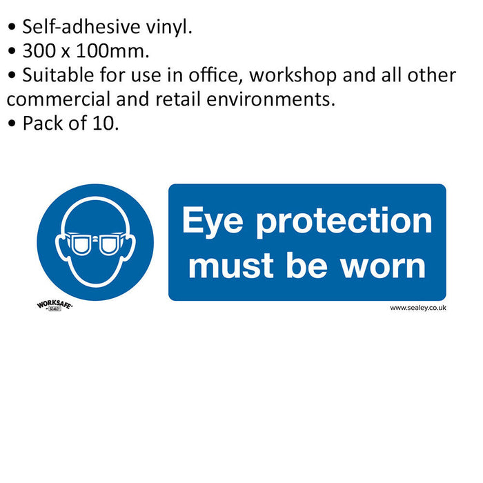 10x EYE PROTECTION MUST BE WORN Safety Sign - Self Adhesive 300 x 100mm Sticker Loops