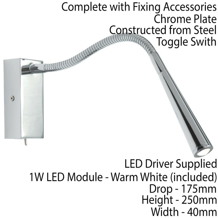 Adjustable LED Wall Light Warm White Chrome Flexible Bedside Reading Task Lamp Loops