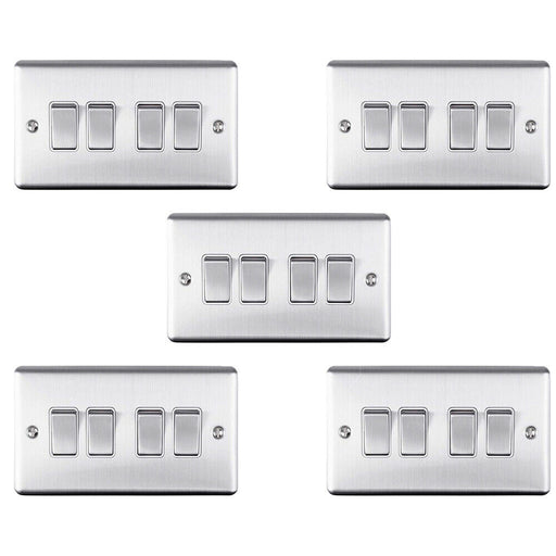 5 PACK 4 Gang Quad Metal Light Switch SATIN STEEL 2 Way 10A White Trim Loops