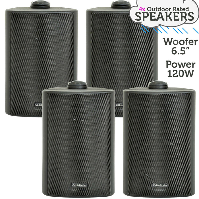 4x 6.5" 120W Black Outdoor Rated Garden Wall Speakers Wall Mounted 8Ohm & 100V