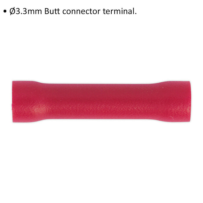 100 PACK Butt Connector Terminal - 3.3mm Diameter - 22 to 18 AWG Cable - Red Loops