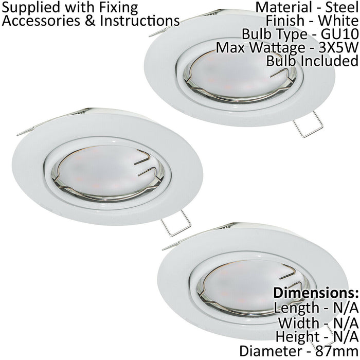 3 PACK Flush Ceiling Downlight White Steel 3 x 5W GU10 Adjustable Bulb Loops