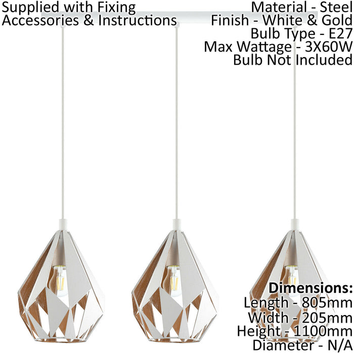 Hanging Ceiling Pendant Light White & Gold Geometric 3x 60W E27 Kitchen Island Loops