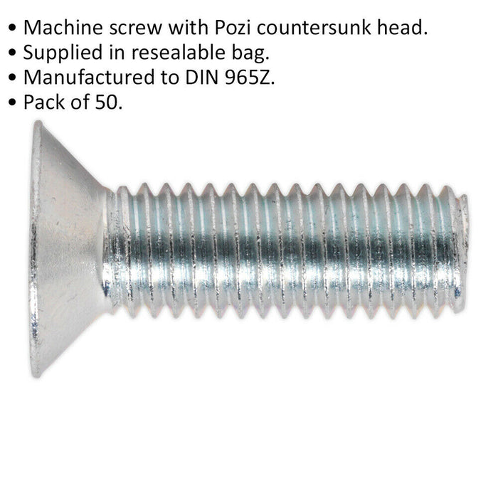 50 PACK Countersunk Pozi Head Machine Screw - 1.25mm - M8 x 25mm - DIN 965Z Loops