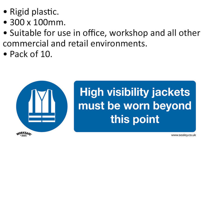 10x HI-VIS JACKETS MUST BE WORN Safety Sign - Rigid Plastic 300 x 100mm Warning Loops