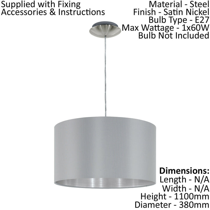 Pendant Light Colour Satin Nickel Steel Shade Grey Silver Fabric Bulb E27 1x60W Loops