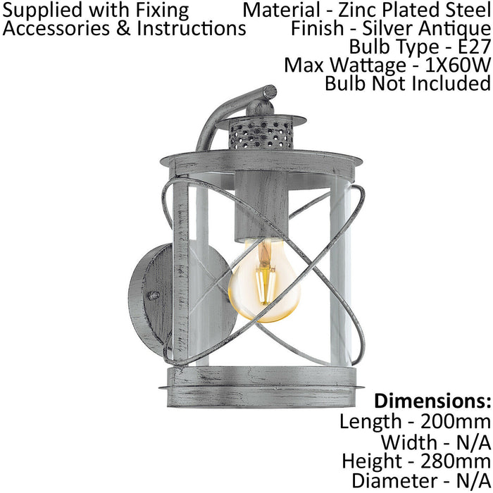 2 PACK IP44 Outdoor Wall Light Antique Silver & Glass Loop Lantern 60W E27 Loops