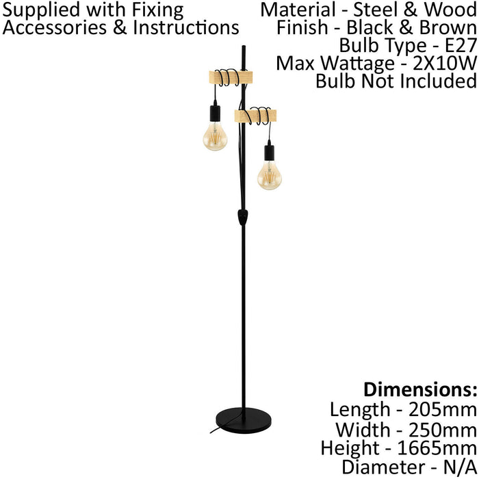 Standing Floor Lamp Light Black Base & Twin Wood Hangman 2 x 10W E27 Bulb Loops