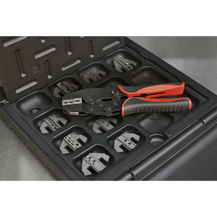 Ratchet Crimping Tool Set - 12 Interchangeable Hardened Jaws - Storage Case Loops