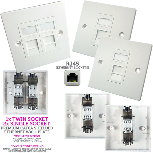 Double & 2x Single CAT6a Shielded Wall Plates RJ45 Ethernet Data Socket Outlet Loops