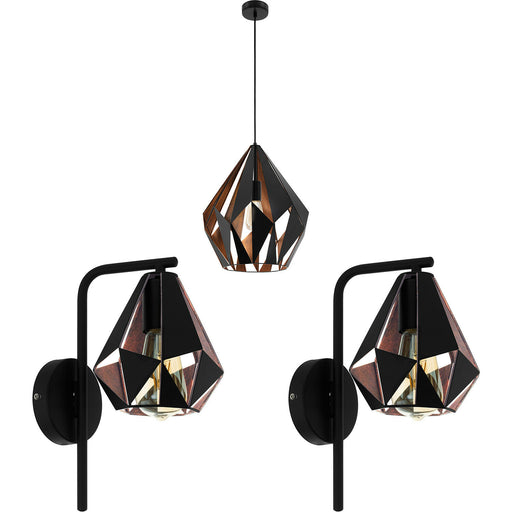 Ceiling Pendant Light & 2x Matching Wall Lights Black Copper Geometric Shade Loops