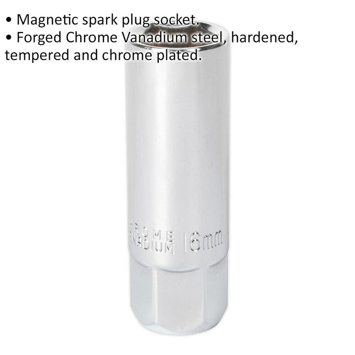 16mm Spark Plug Socket - 3/8 Inch Sq Drive - Chrome Vanadium Steel - Magnetic Loops
