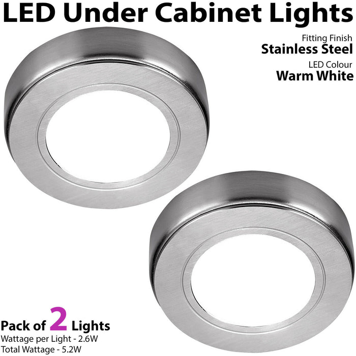 2x 2.6W LED Kitchen Cabinet Surface Spot Lights & Driver Kit Steel Warm White Loops