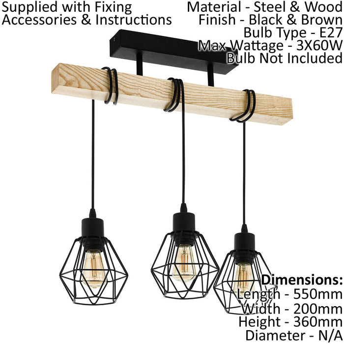 Semi Flush Ceiling Light Black Steel Wiire Shade & Wood 3 x 60W E27 Bulb Loops