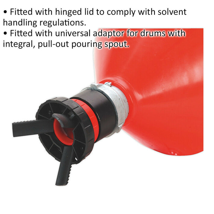 Solvent Safety Funnel with Hinged Lid - Universal Drum Adaptor - Pouring Spout Loops