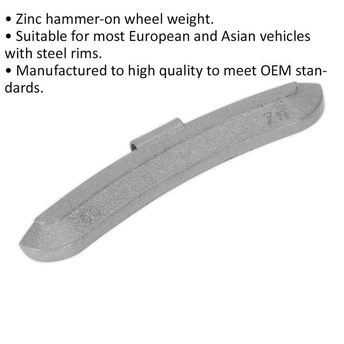 50 PACK 50g Hammer On Wheel Weights - Zinc for Steel Wheels - Wheel Balance Loops