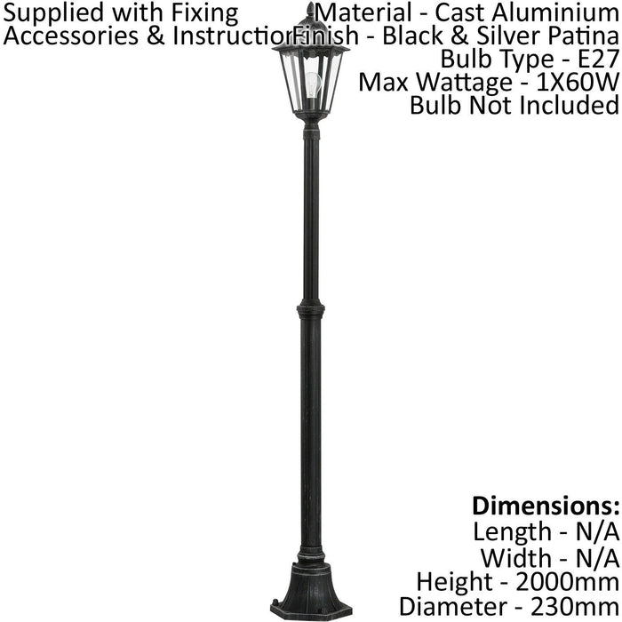 2 PACK IP44 Outdoor Bollard Light Black & Silver Lantern 2000mm Post 60W E27 Loops