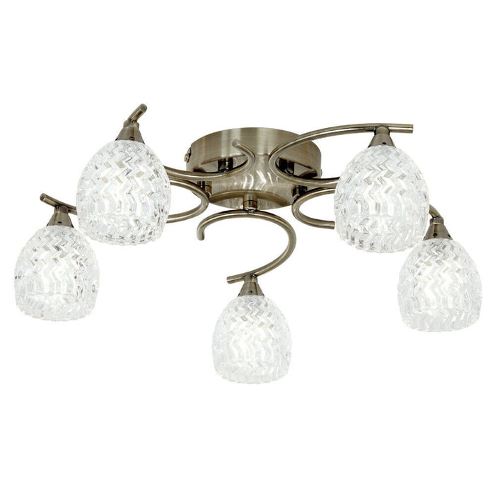 Semi Flush Ceiling Light Brass Textured Glass 5 Bulb Hanging Pendant Lamp Shade Loops