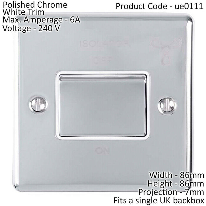 6A Extractor Fan Isolator Switch CHROME & White Trim 3 Pole Shower Loops