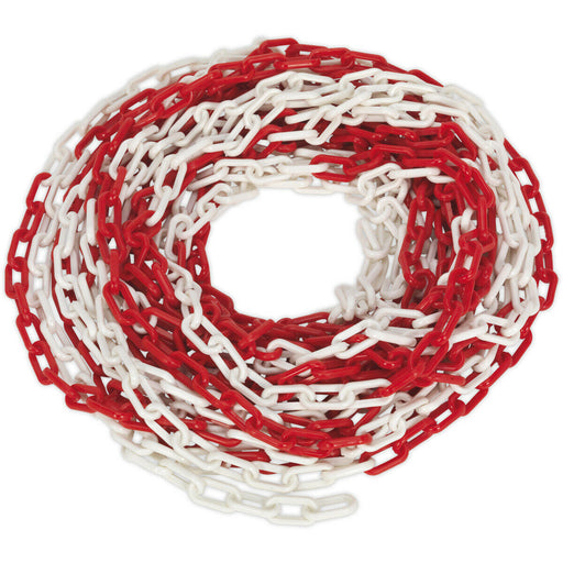 Red & White Plastic Chain - 25m x 6mm - High Voltage Exclusion Zone - Safety Loops