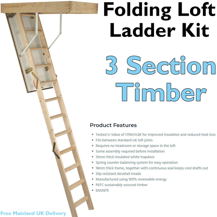 3 Section Timber Folding Loft Ladder Kit Door Hatch & Frame 2.8m Max Height Loops