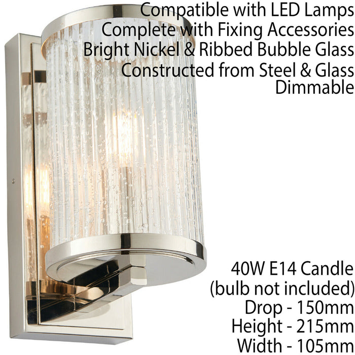 Dimmable LED Wall Light Nickel & Ribbed Bubble Glass Shade Hanging Lamp Fitting Loops