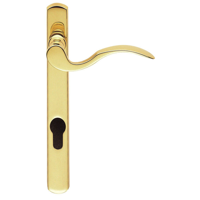 Scroll Lever Door Handle on Lock Backplate Polished Brass 208 x 25mm Loops
