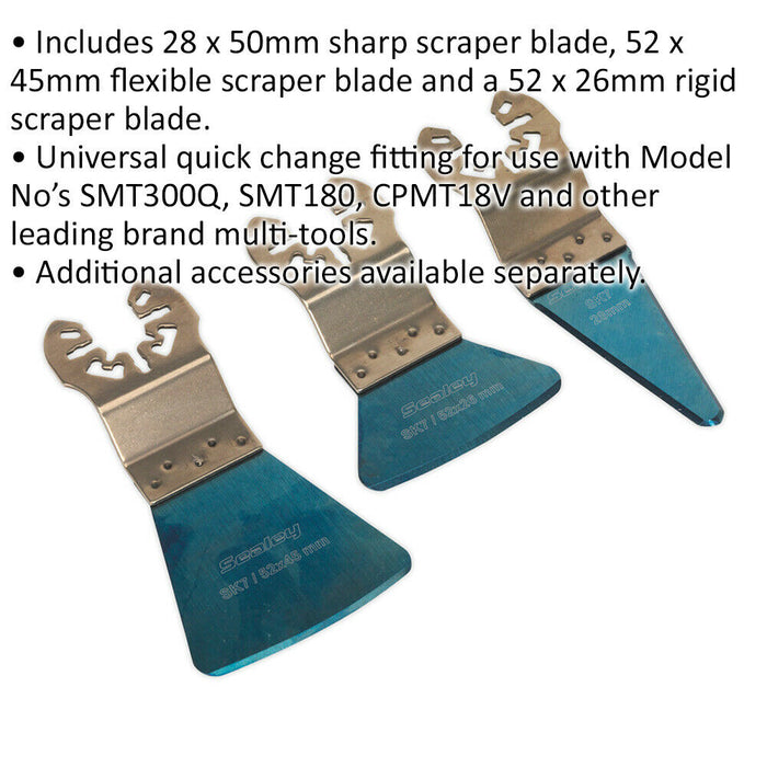 3 Pc Quick Change Multi-Tool Scraper Blade Set - Flexible Rigid & Sharp Blades Loops