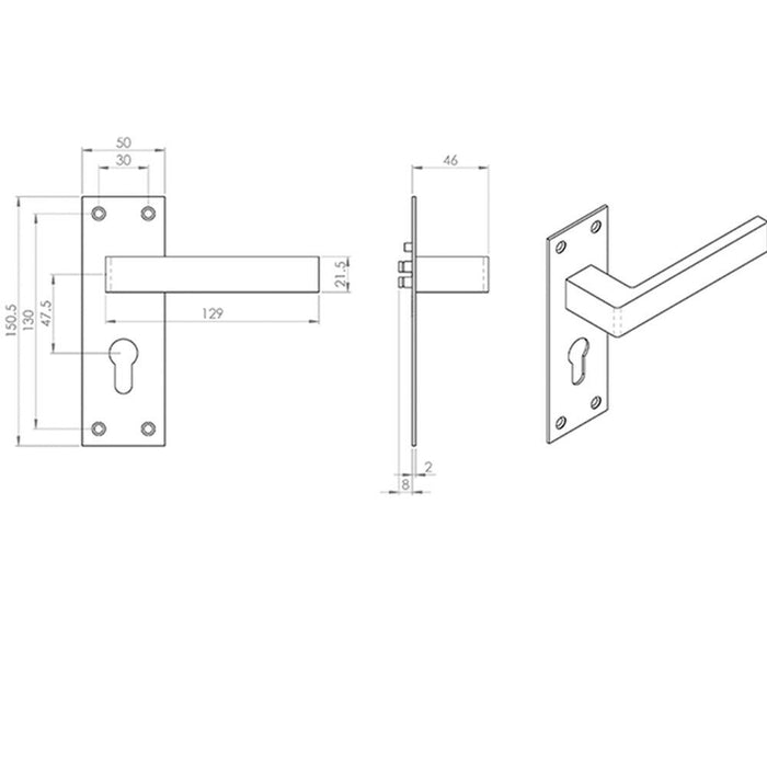 PAIR Straight Square Handle on Euro Lock Backplate 150 x 50mm Satin Nickel Loops