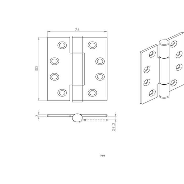 2x PAIR 100 x 75 x 3mm Concealed 14 Bearing Hinge Satin Steel Internal Door Loops