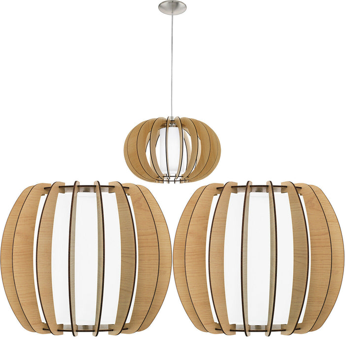 Ceiling Pendant Light & 2x Matching Wall Lights Maple Wood & White Glass Shade Loops