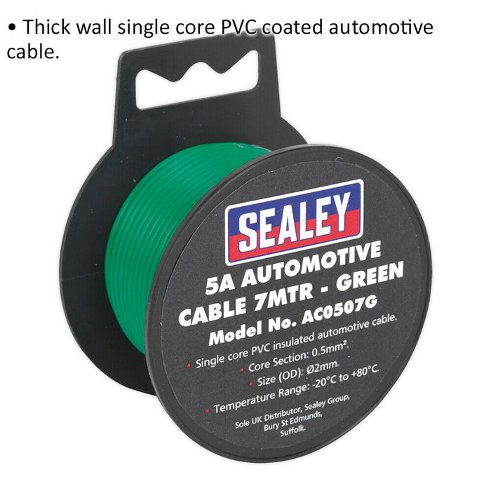 5A Thick Wall Automotive Cable - 7m Reel - Single Core - PVC Insulated - Green Loops