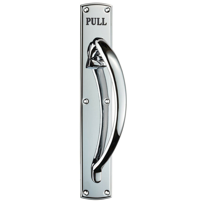 Curved Right Handed Door Pull Handle Engraved with 'Pull' Polished Chrome Loops