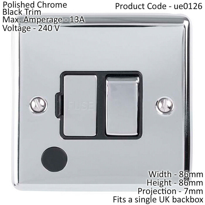 13A DP Switched Fuse Spur & Flex Outlet CHROME & Black Mains Isolation Loops