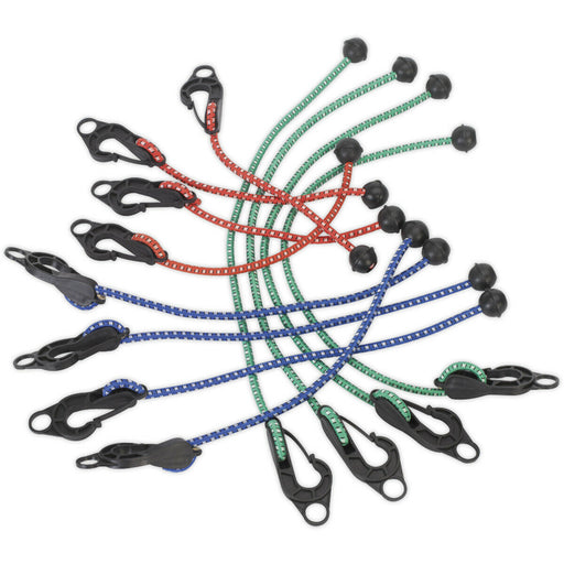 12 PACK Assorted Tarpaulin Cord Set - Ball-Ended Bungee Cords - Detachable Hook Loops