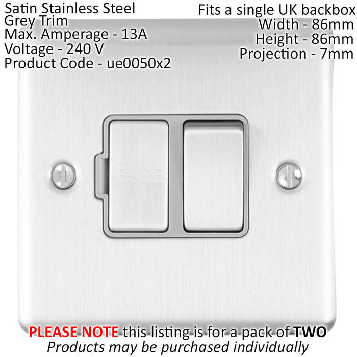 2 PACK 13A DP Switched Fuse Spur SATIN STEEL & Grey Mains Isolation Wall Plate Loops
