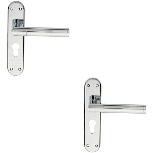 2x Round Bar Lever on Euro Lock Backplate Door Handle 180 x 40mm Polished Chrome Loops
