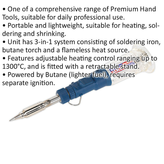 3-in-1 Butane Soldering Iron / Torch / Flameless Heat Gun - Portable Desk Stand Loops