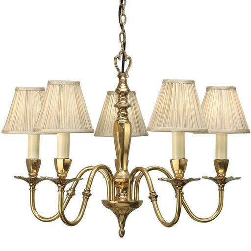 Luxury Hanging Ceiling Pendant Light Solid Brass & Beige Shade 5 Lamp Chandelier Loops