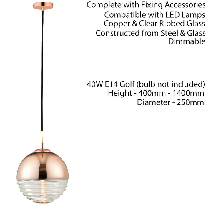 Hanging Ceiling Pendant Light COPPER & RIBBED GLASS Sphere Lamp Bulb Holder Loops