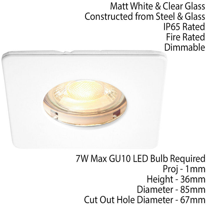 IP65 Bathroom Slim Square Ceiling Downlight Matt White Recessed GU10 LED Lamp Loops