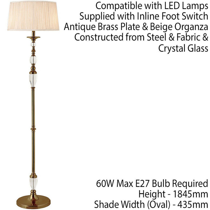 Luxury Elegant Floor Lamp Antique Brass Crystal Beige Organza Shade 6ft Tall Loops